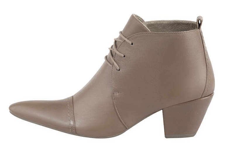 Women's bronze beige elegant ankle boots, with laces at the front. Tapered toe. Medium cone heels - Profile view
